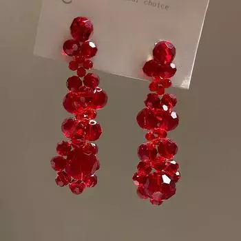 Retro New Year Red Crystal String Beads Earrings Female Exaggerated Tassel Earrings Accessible Luxury Fancy Elegant New Year Earrings Red beaded tassel earrings