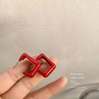 Retro New Year Red Fashionable Paint Earrings Sweet Cool Easiest for Match Christmas Style Small Ear Ring Unique Earrings 925 Silver Needle Square Silver Needle