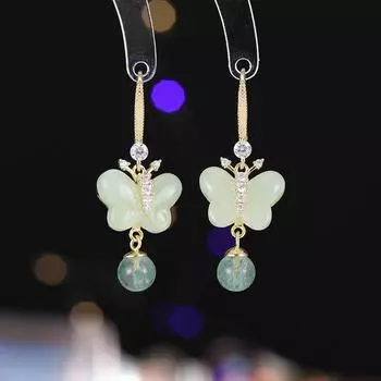 Ретро нежные и универсальные серьги-бабочки женские искусственные нефритовые бахромчатые серьги-крючки длинные супер фея старинные серьги туфли зелёный