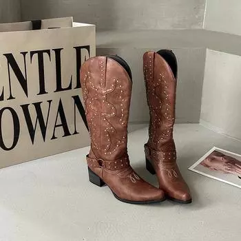 Retro niche belt buckle rivet western cowboy boots women s summer new pointed thick heel versatile locomotive boots 35