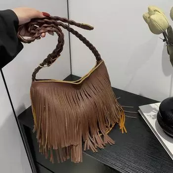 Ретро нишевая модная сумка женская новинка 2024 года, сумка с бахромой, фактура, повседневная, большой емкости, косая сумка через плечо чёрный