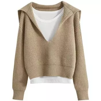 Ретро нишевый дизайн Sense с v-образным вырезом, темно-синий короткий свитер с воротником для женщин осенью и зимой, новая свободная верхняя одежда, вязаный топ-тренд S серый