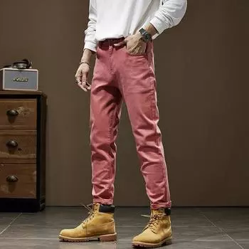 Ретро новые утолщенные обычные джинсы мужские модные свободные прямые длинные брюки 2024 зима 28 розовый