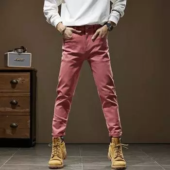 Ретро новые утолщенные обычные джинсы мужские модные свободные прямые длинные брюки 2024 зима 28 розовый