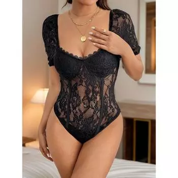 Ретро Новый Кружевной Комбинезон с Вырезами Слим Треугольный Black XL