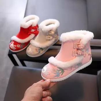 Ретро обувь ханьфу, старинные ботинки ханьфу, детская этническая обувь в старинном стиле с вышивкой, флисовые утолщенные хлопковые ботинки для снега 25 yards/inner length 14.7cm