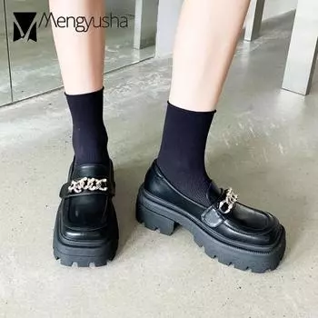 Ретро-обувь Мэри Хепберн Джинсы Женские туфли на плоской платформе Металлические цепи Лоферы Женские туфли-лодочки с широким носком Мокасины Кроссовки Женские 5 чёрный