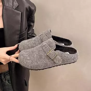 Ретро обувь женская осень и зима новая ленивая толстая подошва с одним педальным мешком голова полушлепанцы пушистые туфли 35