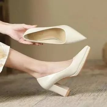 Ретро Обувь Женская Толстый Каблук Женская Обувь Мода Мелкий Острый Носок Женские Комфортные Офисные Туфли Лодочки Обувь Каблуки Женские 35
