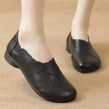 Ретро одиночные туфли женские 2025 осень новые туфли на низком каблуке с подошвой из говяжьих сухожилий повседневные туфли полые одиночные туфли для мам женские 35 чёрный