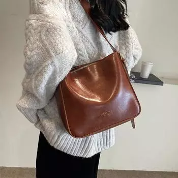 Ретро однотонные сумки-ведра для женщин, весна 2024, женская сумка через плечо из искусственной кожи, винтажные сумки и кошельки коричневый