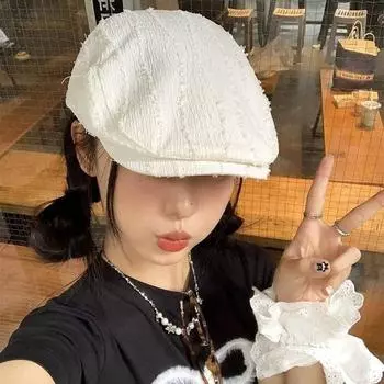 Ретро однотонный полосатый берет женский весенне-летний литературный и ретро универсальный маленький тонкий кепка газетчика Head circumference 54-59CM белый