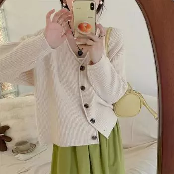 Ретро однотонный трикотажный кардиган с V-образным вырезом, женская осенняя новая универсальная свободная и тонкая темпераментная кофта, женский топ One Size хаки