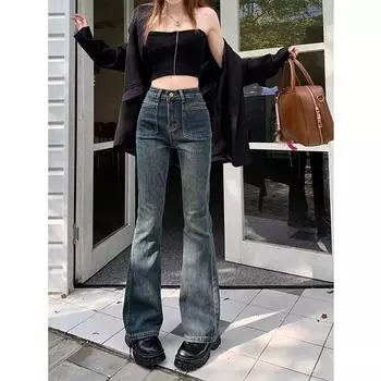 Retro Old Jeans for Women In Spring and Summer High Waist Drooping Micro-flat Trousers Slim and Stretchy Wide-leg Horseshoe Pants S