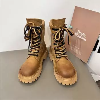 Retro old leather short boots women s spring and autumn models lace-up medium tube mesh hollow muffin thick-soled Martin boots rhubarb boots 35