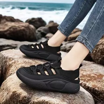 Retro one-pedal elastic belt casual shoes new hollow breathable hole shoes women s fly-woven sports sandals 35