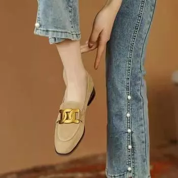 Retro one-pedal loafers 2025 spring new metal buckle heel flat-soled single shoes fashion women s shoes 35 синий