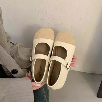 Retro one-word buckle with Mary Jane shoes women s shoes 2025 spring and summer new Korean version versatile flat-bottomed casual shallow mouth sing 35 бежевый