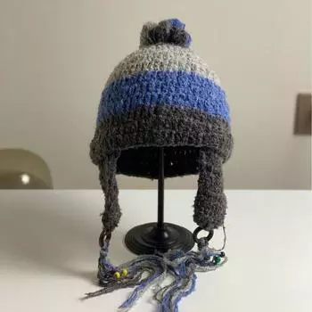 Ретро-ощущение~ 23 осенне-зимних бусины ручной работы полосатая вязаная защитная шапка для ушей женская шерстяная шапка головной убор мужская шапка M56-58cm морская волна