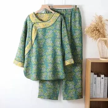 Ретро осень зима женская пижама с принтом женская пижамный комплект 100% хлопок длинный рукав брюки костюм M