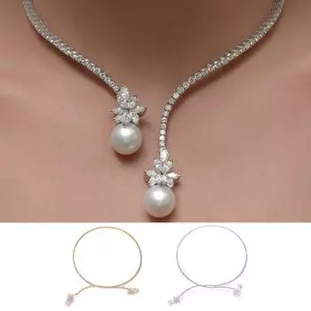 Ретро открытый дизайн, инкрустированное ожерелье, кубические блестящие стразы, женское цирконие в форме цветка, искусственный жемчуг, конец серебряный