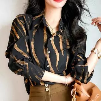 Ретро отложной воротник, полосатые топы, элегантная шелковая атласная рубашка, модная офисная женская блузка с длинными рукавами, женская одежда 29186 S хаки