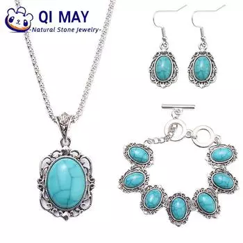 Ретро овальные комплекты ювелирных изделий из натуральной бирюзы, кулон, ожерелье, браслет, серьги для женщин, ювелирные изделия, подарок