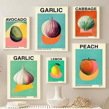 Ретро овощной фруктовый кухонный постер лук чеснок персик в стиле Баухаус ботанический принт холст картина декор для столовой 21x30cm No Frame