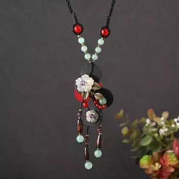 Ретро ожерелье с бахромой женское плетеное длинное деревянное подвеска из халцедона литературный темперамент цепочка для свитера с украшениями