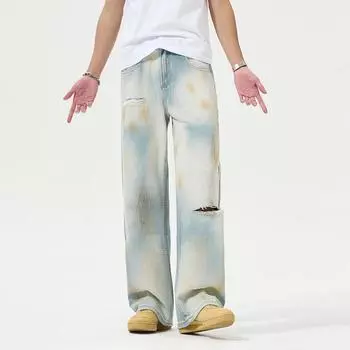 Retro Paint Light Blue Ripped Micro-flare Jeans Wasteland Style Loose Dirty Pants 28