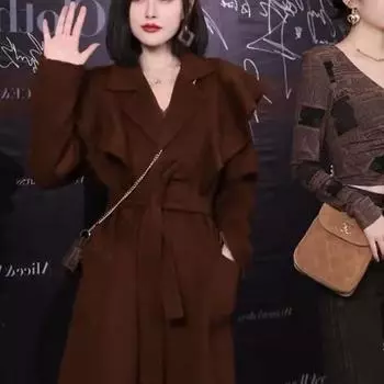 Ретро пальто женское 2024 осень и зима повседневный длинный тренчкот знаменитости в Интернете одежда S коричневый