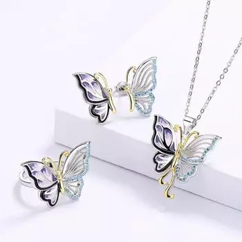 Retro Palace Gold Divided Oil Painting Butterfly Ring Necklace Asymmetric Earrings Three Piece Set