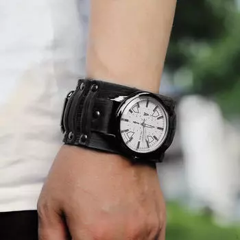 Ретро-панк-указательные часы с кожаным широким ремешком, регулируемый подарок, черный чёрный