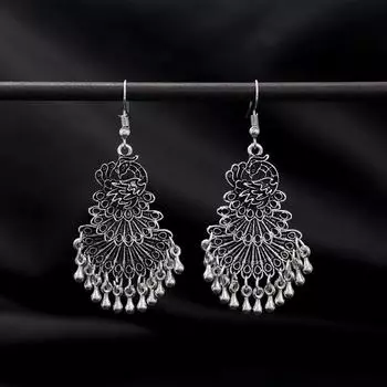 Retro peacock open screen enamel earrings women s fringed long multi-layer earrings temperament versatile Tibetan silver earrings
