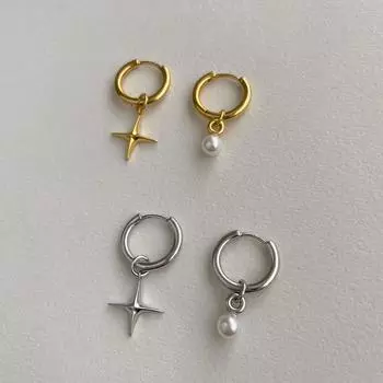 Retro pearl earrings women s exquisite niche high-end sense four-pointed star silver needle earrings asymmetrical design stud earrings new 925 silver needle