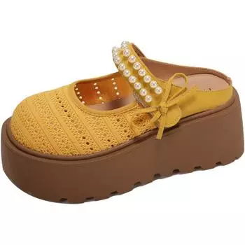 Retro Pearl Mesh Ladies Thick Bottom Birkenstocks Slippers Summer French Retro Beach Soft Bottom Baotou Semi-cool Slippers 35