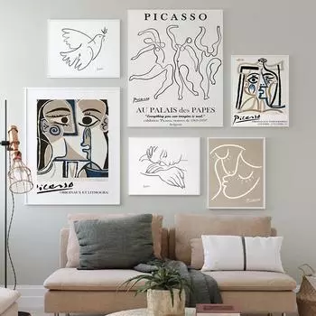 Ретро Пикассо выставочные плакаты и принты абстрактная линия голубя лицо настенная живопись холст картины гостиная скандинавский декор 21x30cm No Framed