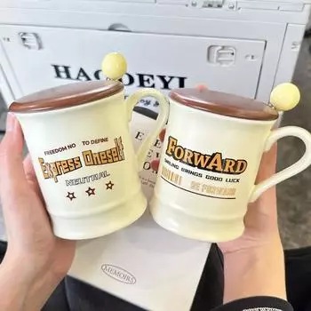 Ретро-письмо Керамическая кружка с крышкой Ложка Кружка Американская кофейная чашка Офисная мужская женская парная пара Практичный подарок Посуда для питья 350ml