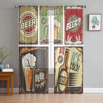 Ретро пивные вывески, комплект, тюлевые прозрачные оконные шторы для гостиной, спальни, современная шифоновая вуаль, занавески из органзы, декор, шторы 135W x 114H(cm)