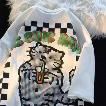 Ретро пиксельный стиль, футболка с милым тигровым принтом для мужчин и женщин из чистого хлопка, летняя модная тенденция, повседневный удобный топ с короткими рукавами для пар, Harajuku S белый