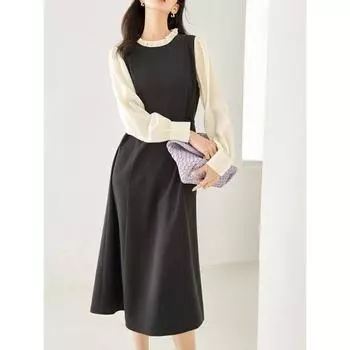 Ретро-платье для женщин на весну и осень. Новый стиль. Нежная и изысканная. Черная юбка с эффектом талии. S чёрный