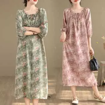 Ретро платье для женщин с длинными рукавами, шифоновое принтованное, с перекрестным крашением, на шнуровке, художественное повседневное, свободного покроя, свободного покроя, платья one size зелёный