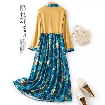 Ретро-платье из хлопка и льна 2025 года, женская одежда с принтом, тонкий темперамент, базовое платье средней и длинной длины M