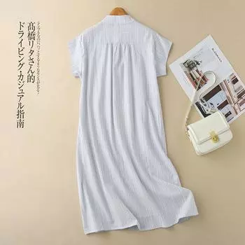 Ретро-платье из хлопка и льна в полоску для женщин, лето 2025, новая свободная и универсальная юбка-рубашка средней и длинной длины Mori M