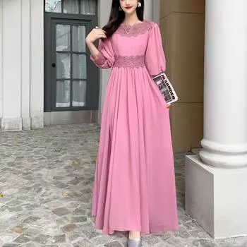 Ретро платье макси с разрезом вырезом и длинными рукавами-фонариками, кружевное лоскутное платье на молнии, однотонное женское элегантное винтажное платье для пожилых людей One Size зелёный