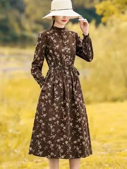 Ретро платье с длинным рукавом, цветочным принтом, из хлопка и льна, модное осень 2025, с новым дизайном талии, стройнящее, темпераментное, средней длины M темно-коричневого