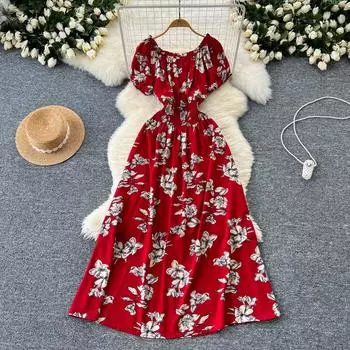 Ретро платье с открытыми плечами рукава-фонарики принт Пляжный отдых Женщины Корейская мода Лето Vestidos платья One Size