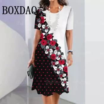 Ретро платье женское летнее повседневное с короткими рукавами свободное платье с принтом свободного покроя женское пляжное мини-юбка от солнца длинный халат женский S