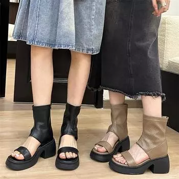Retro Platform Sandals for Women Personalized Roman Shoes Open Toe Hollow High-Top Back Zipper Square Heel Cool Boots 35 чёрный