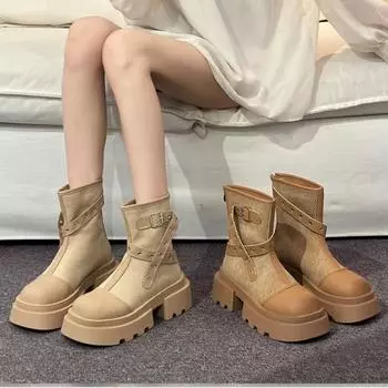 Ретро-платформа, вестерн-ковбойские сапоги для женщин, модная мягкая подошва, нескользящая женская обувь, пояс, дизайнерские мотоциклетные сапоги для женщин 35